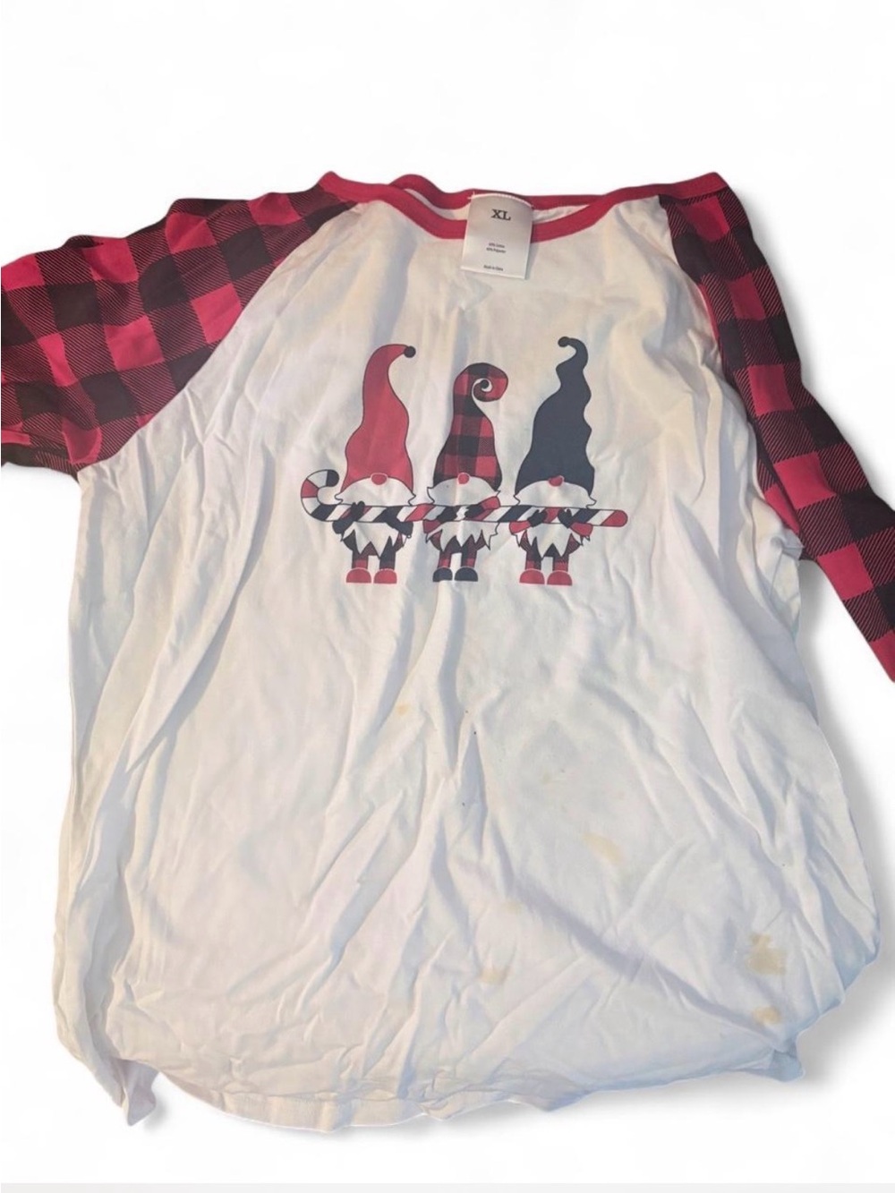 Source Unknown Red and White Buffalo Plaid Raglan Gnome Baseball Tee